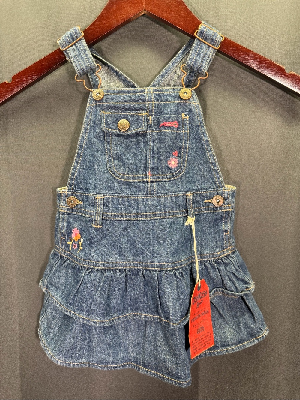 Girl's OSHKOSH Denim Ruffle Dress Overall Jumper Vestbak~Embroidery Flowers 24 m